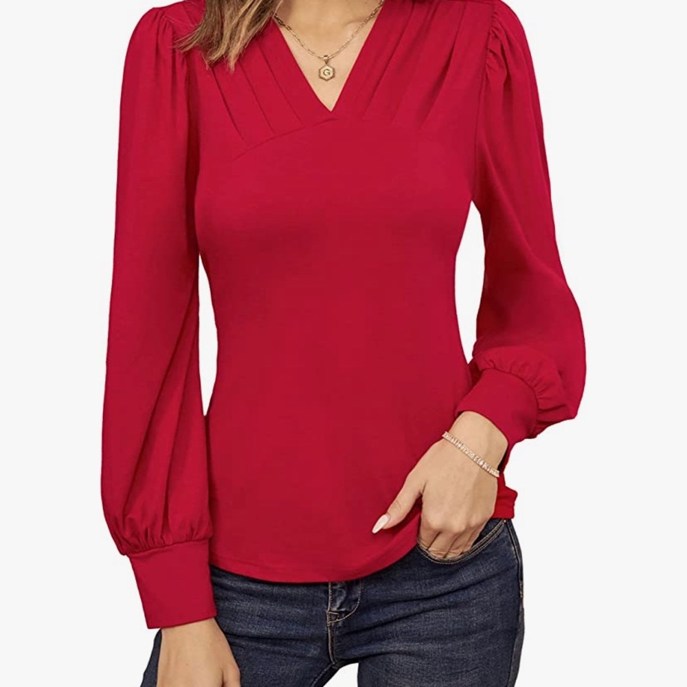 NWT Grace Karin red long sleeve blouse, V-neck, slim fit.